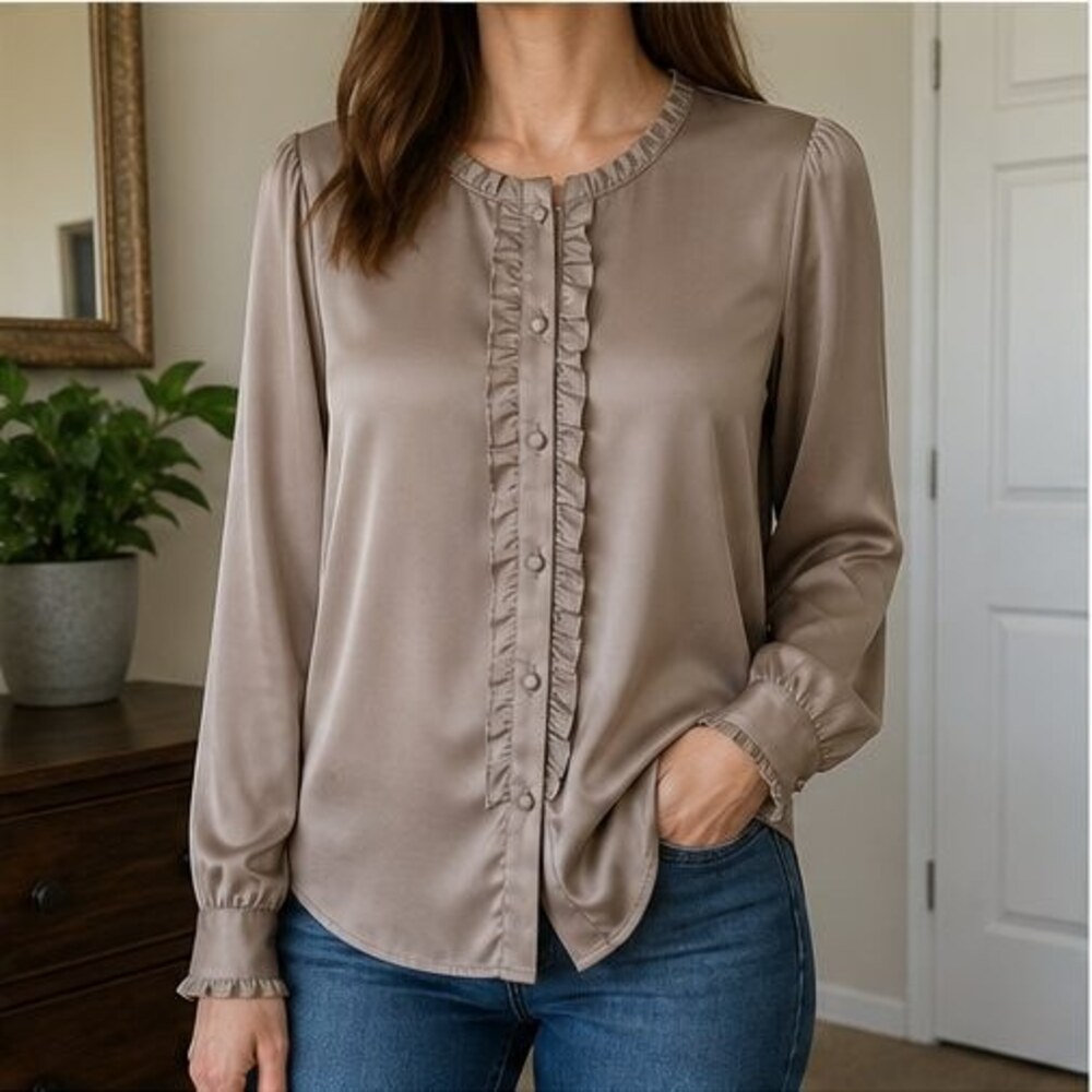 Taupe Ruffle Blouse - Picture 2 of 6